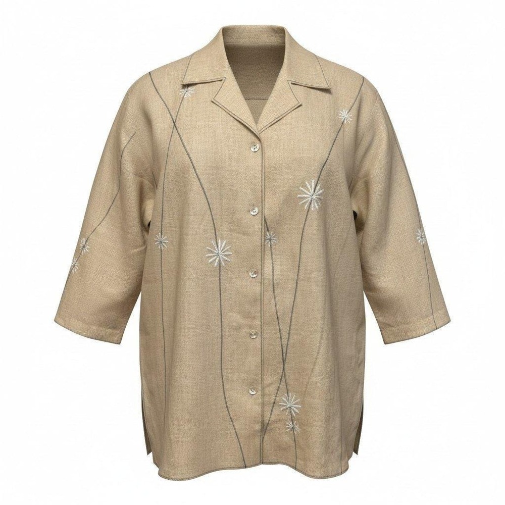 David Dart Woman Tan Linen Embroidered Button Down Jacket Sunburst Floral 1X